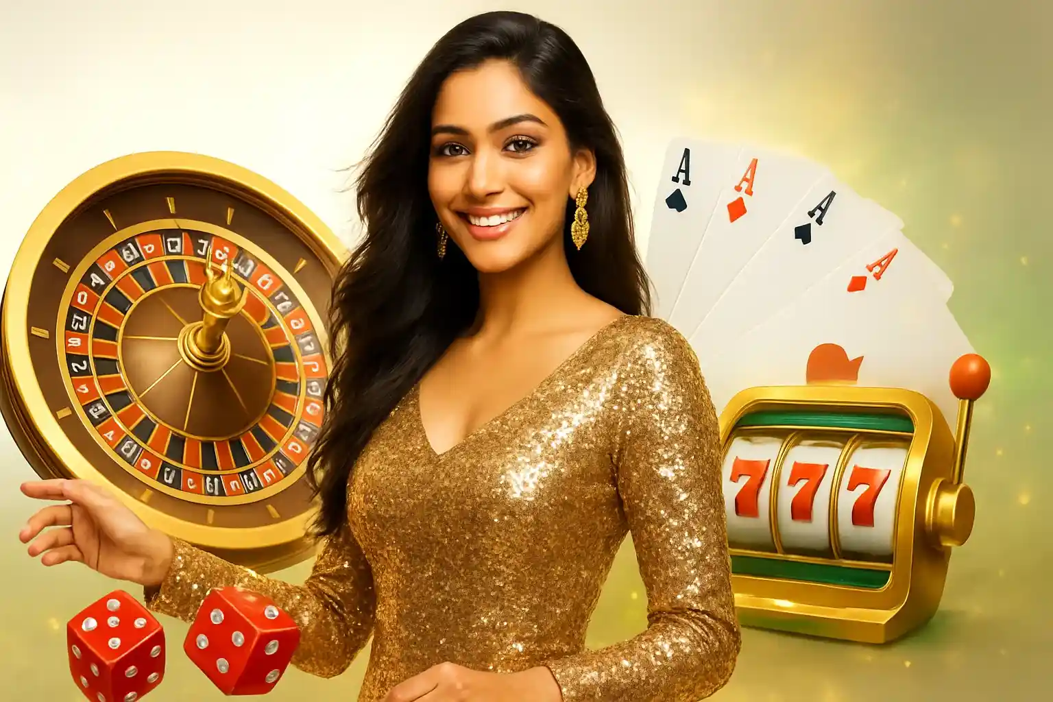 Beautiful Indian woman in red dress near roulette and slot machines in bright casino